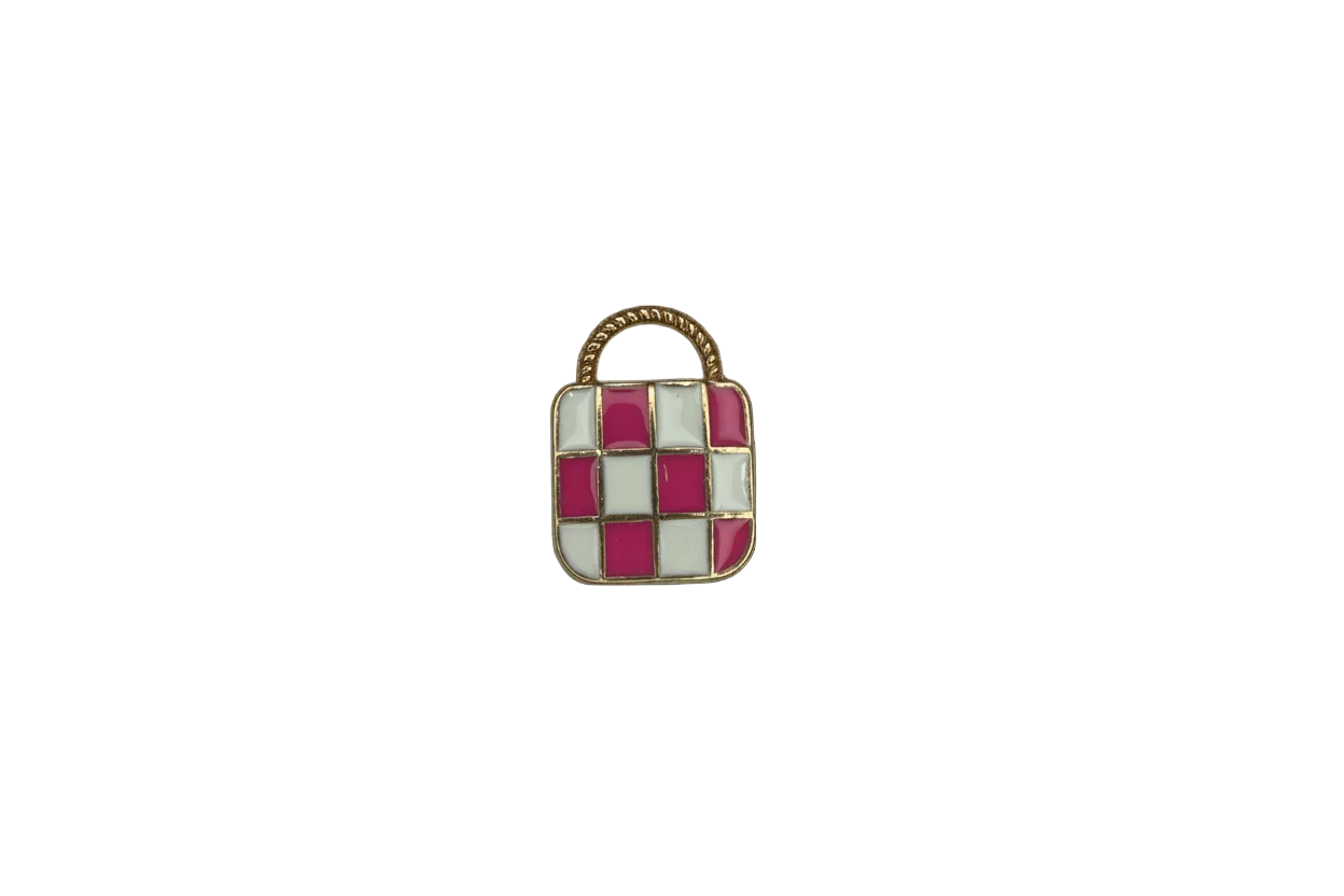 Pink and white checkerboard handbag with gold trim