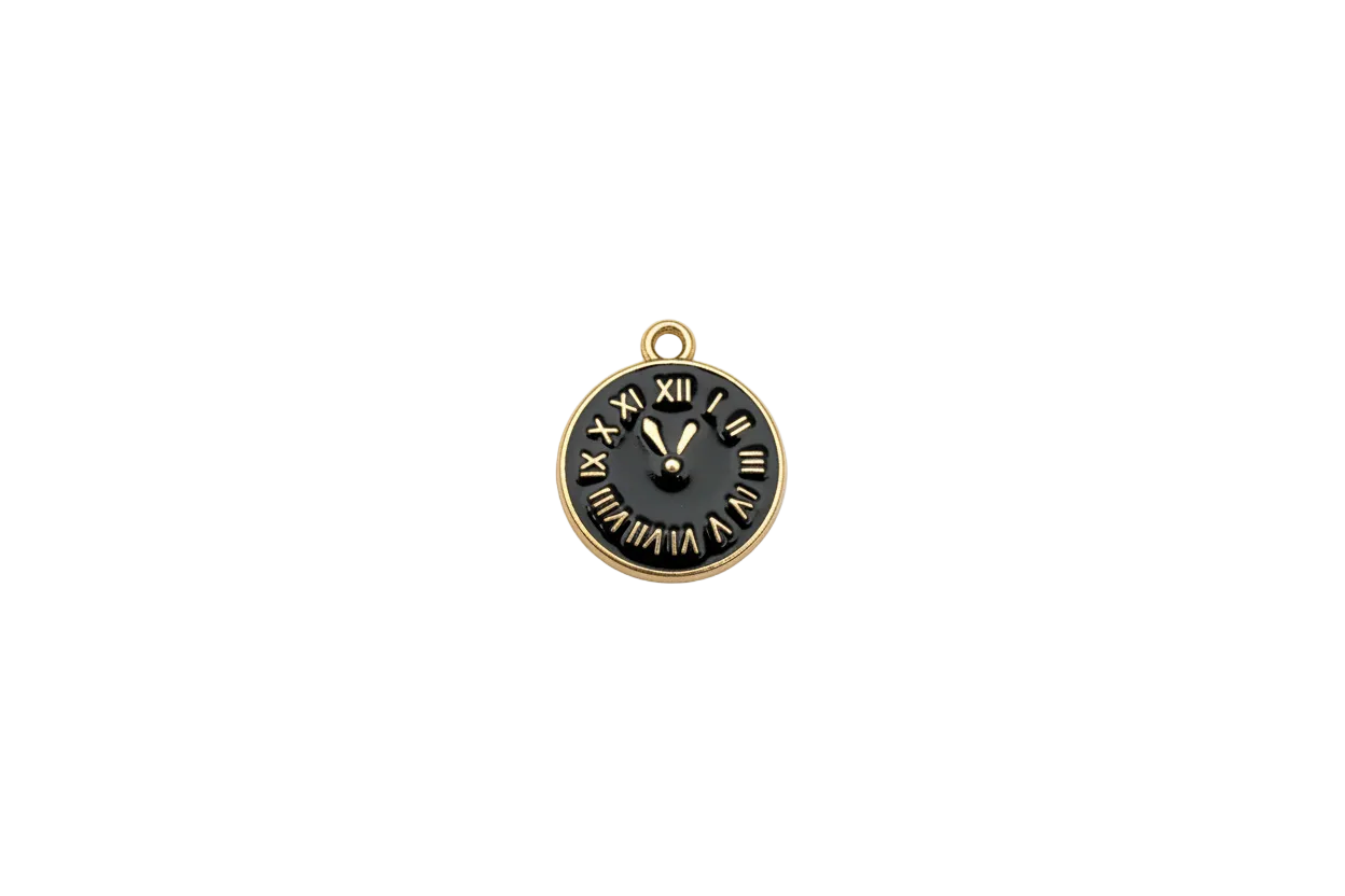 Black enamel Roman numeral clock medallion in gold