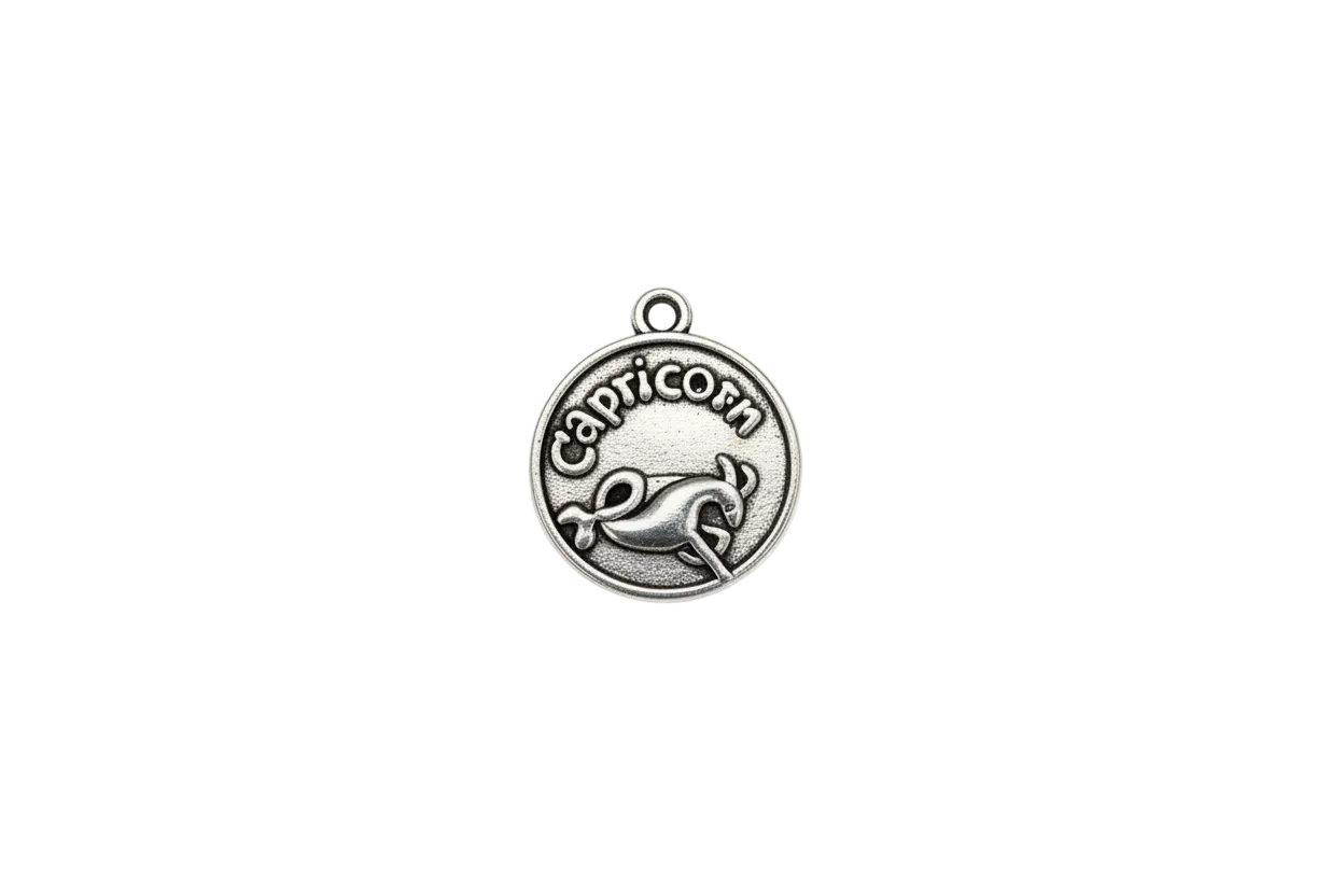 Antiqued silver Capricorn medallion with raised sea-goat symbol