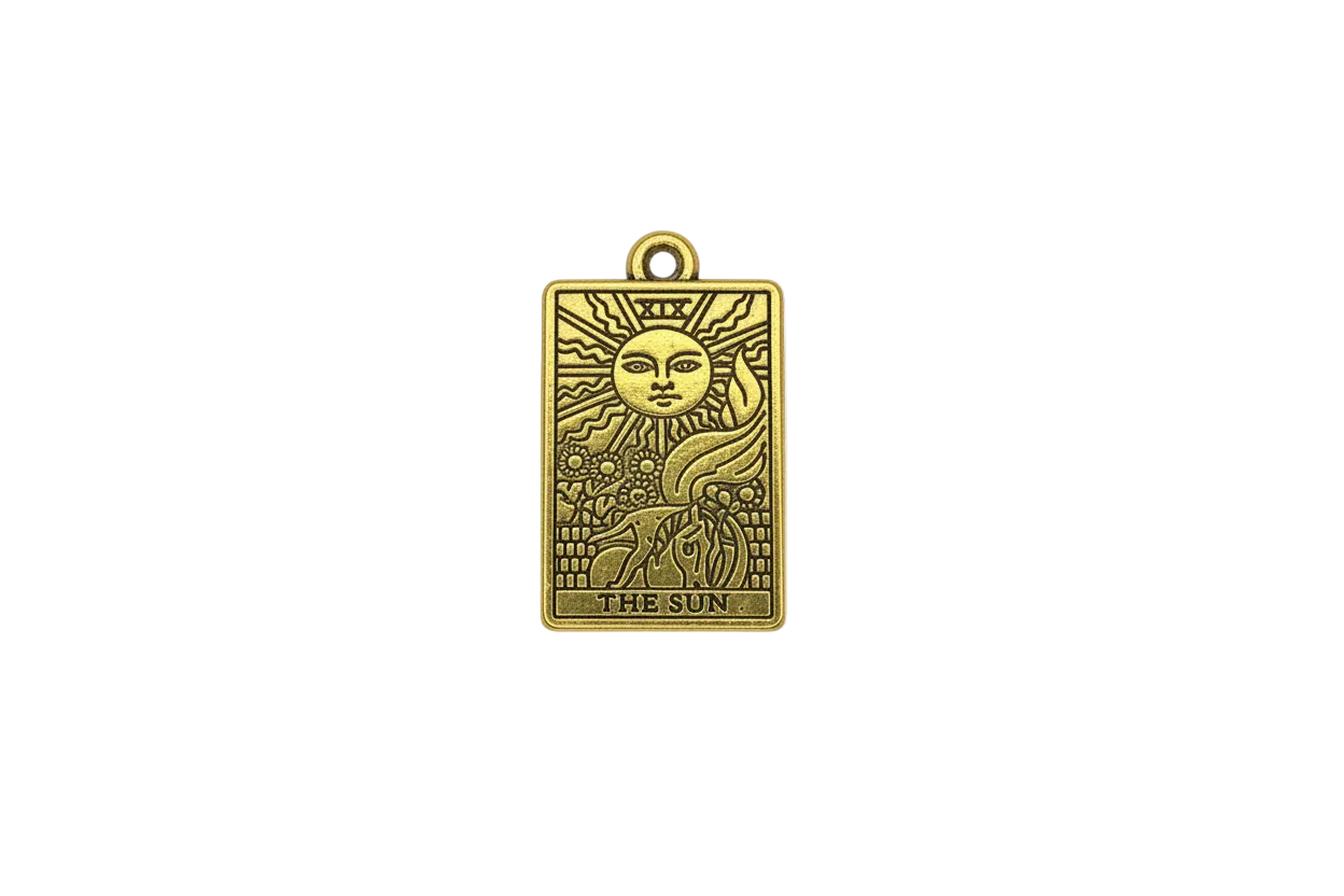 Gold sun tarot card with engraved rays, horse, and “THE SUN” text