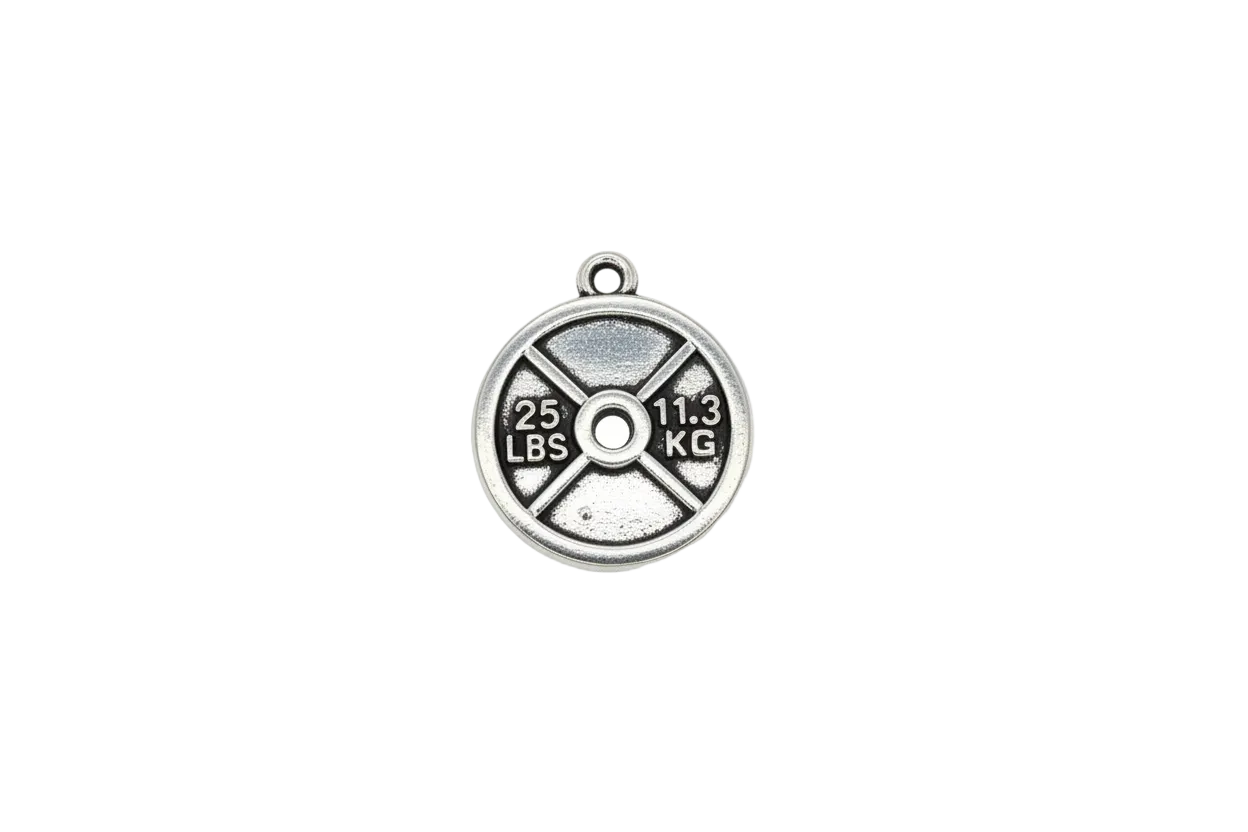 Silver-tone weight plate disc with 25 LBS and 11.3 KG