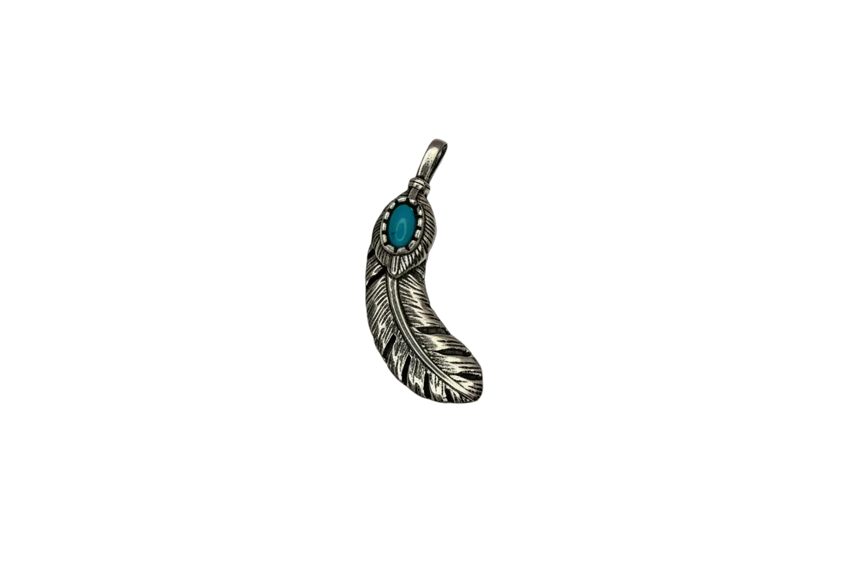 Silver feather charm with oval turquoise-colored gem