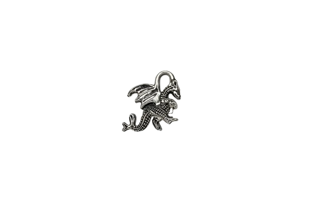 Silver winged dragon with textured scales and curled tail