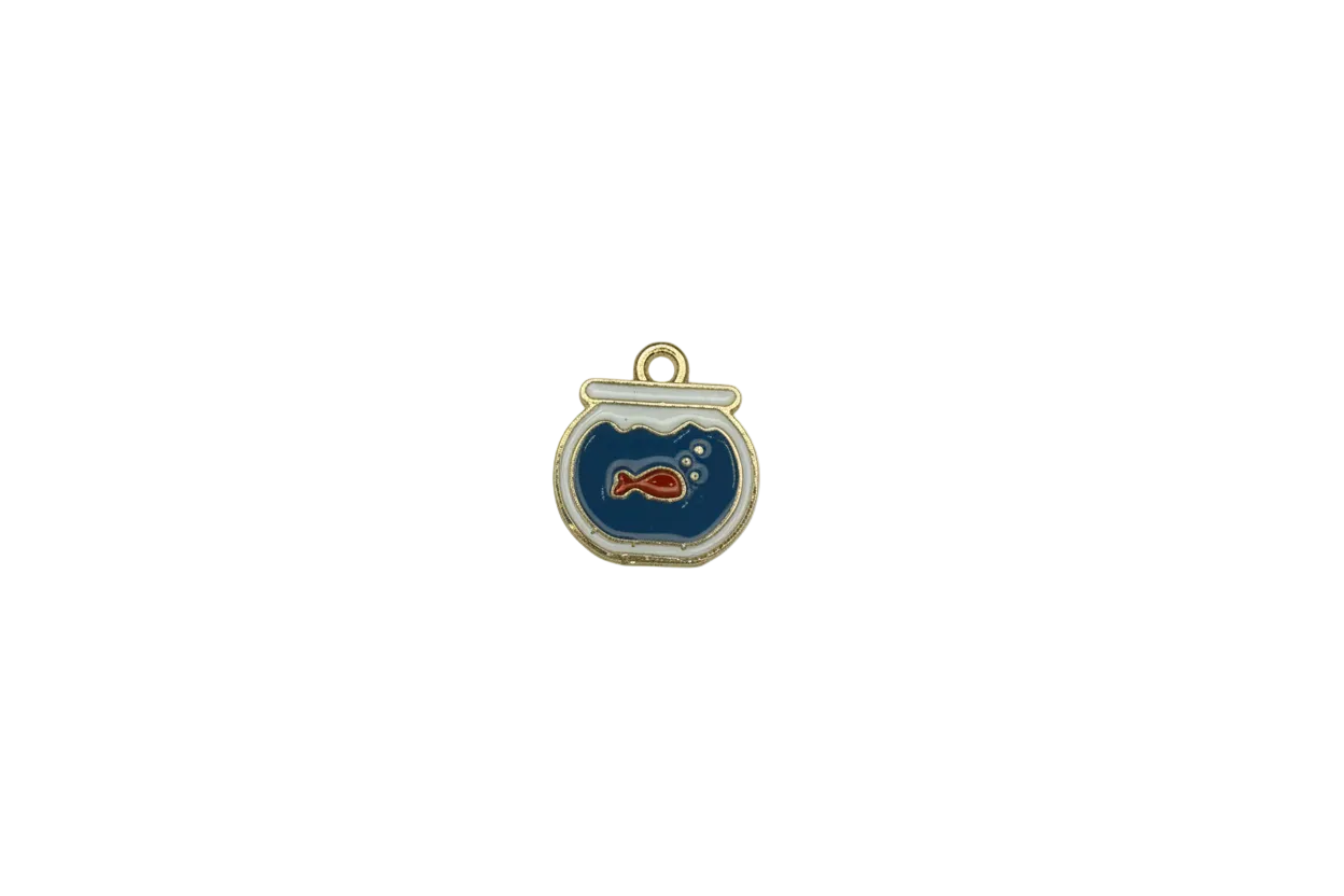 Blue fishbowl with red fish, gold outline, glossy enamel