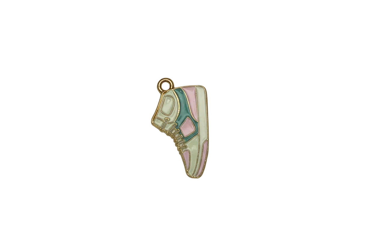 Pastel enamel sneaker in mint, teal, and pink with gold outline