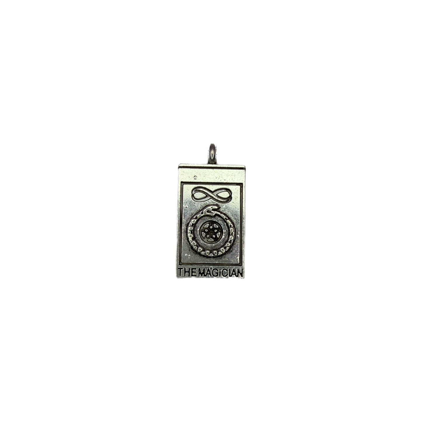 Silver Magician tarot card with infinity symbol and star emblem