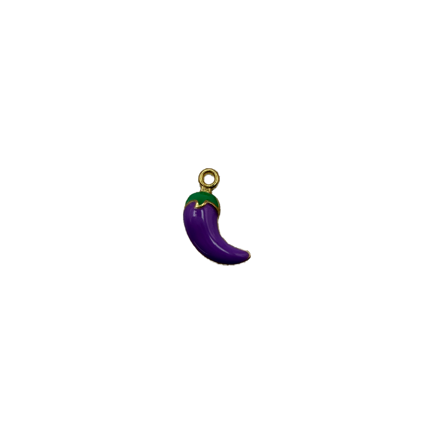 Purple chili pepper with green top and gold-tone outline