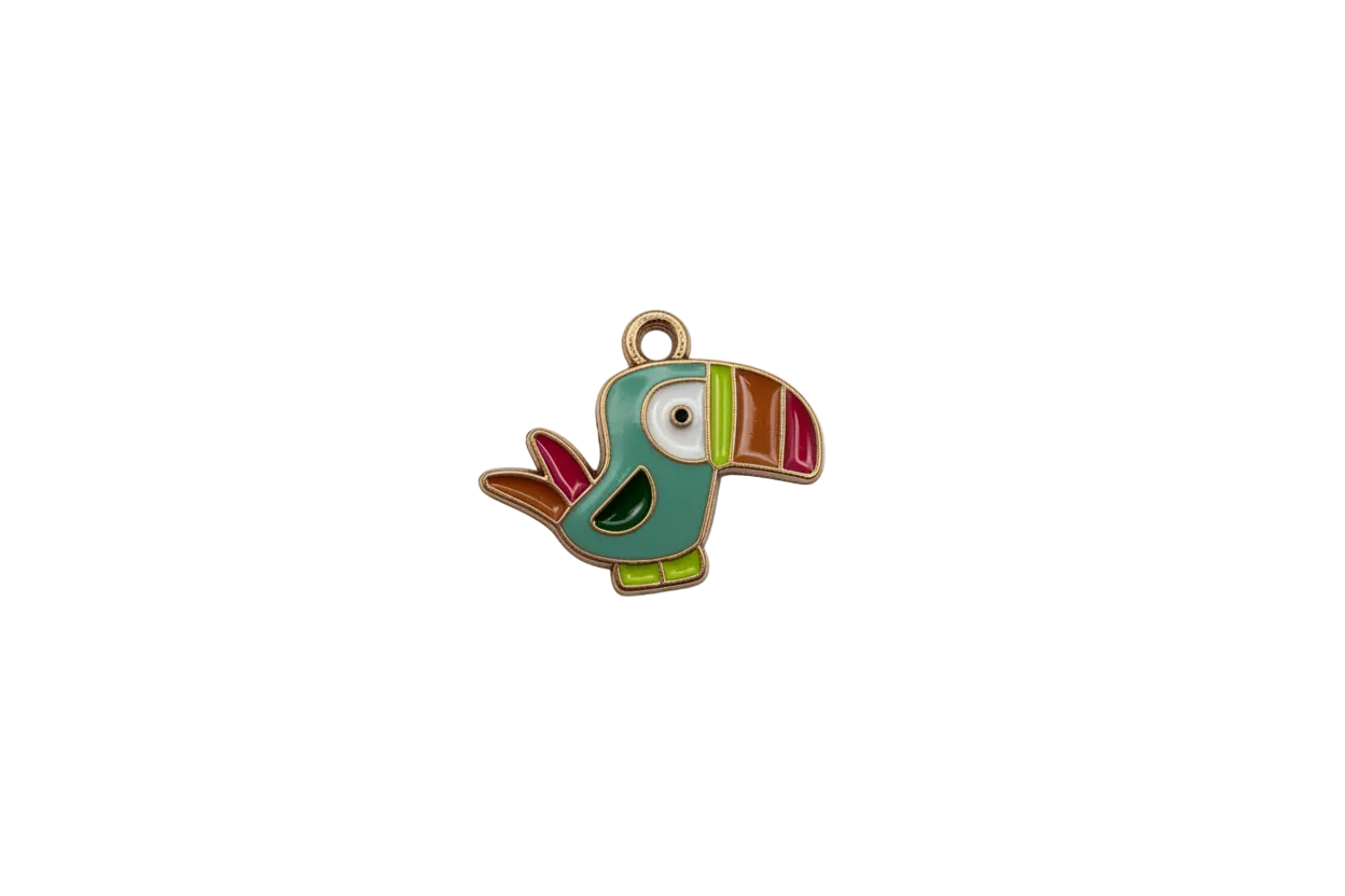 Teal toucan bird enamel charm with gold outline and multicolor beak