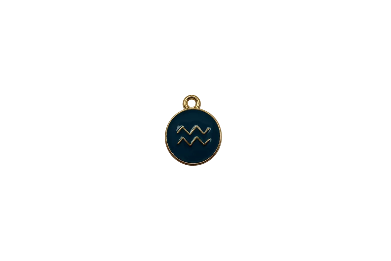Navy round disc with gold Aquarius wave symbol