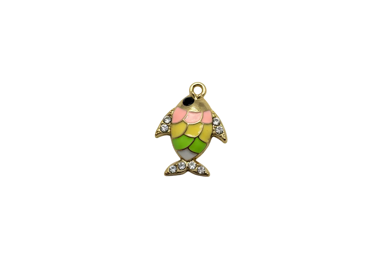 Gold fish with multicolor enamel scales and clear crystals