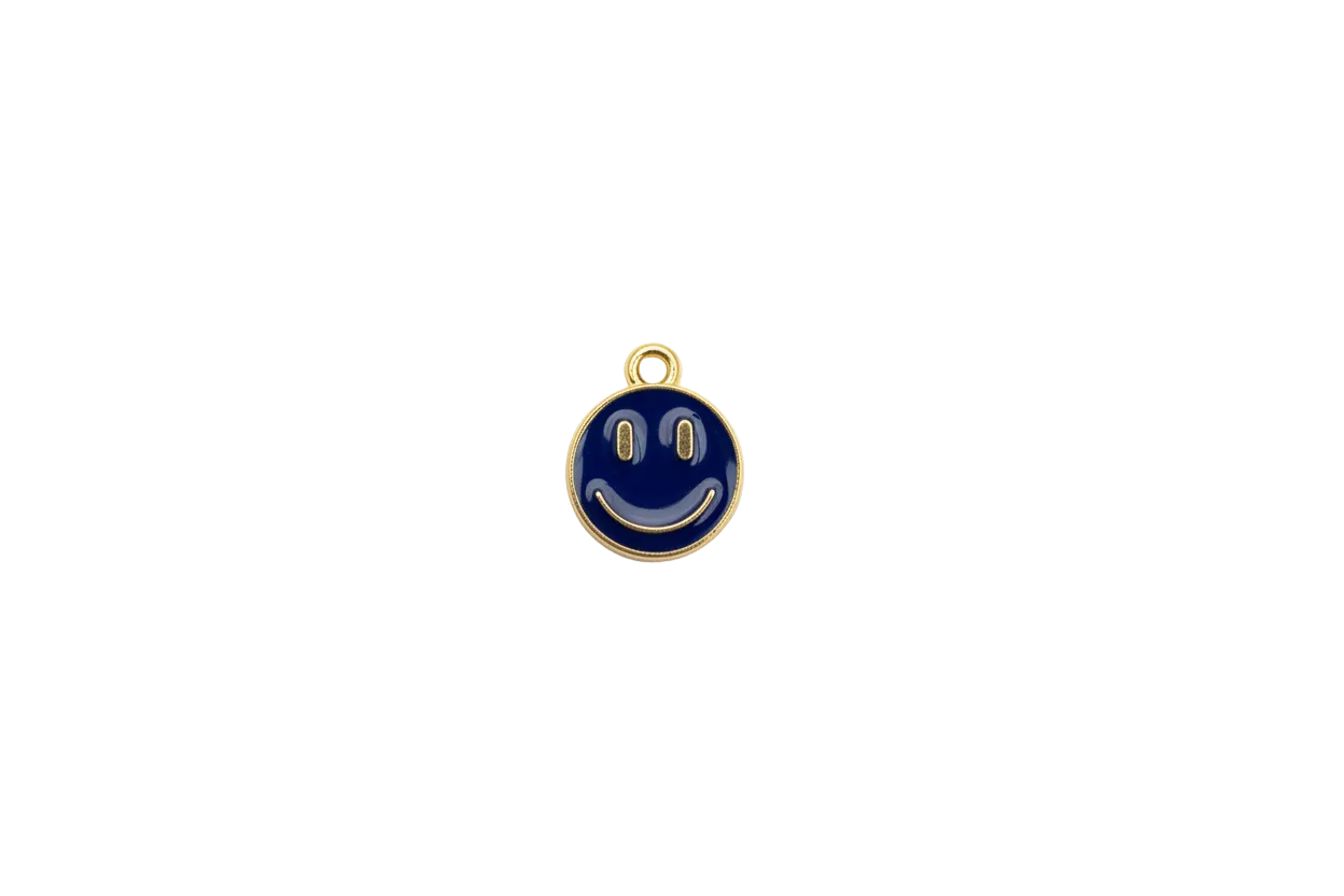 Navy enamel smiley face medallion with gold border