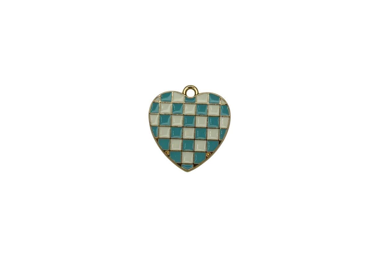 Gold heart with blue and white checkerboard enamel