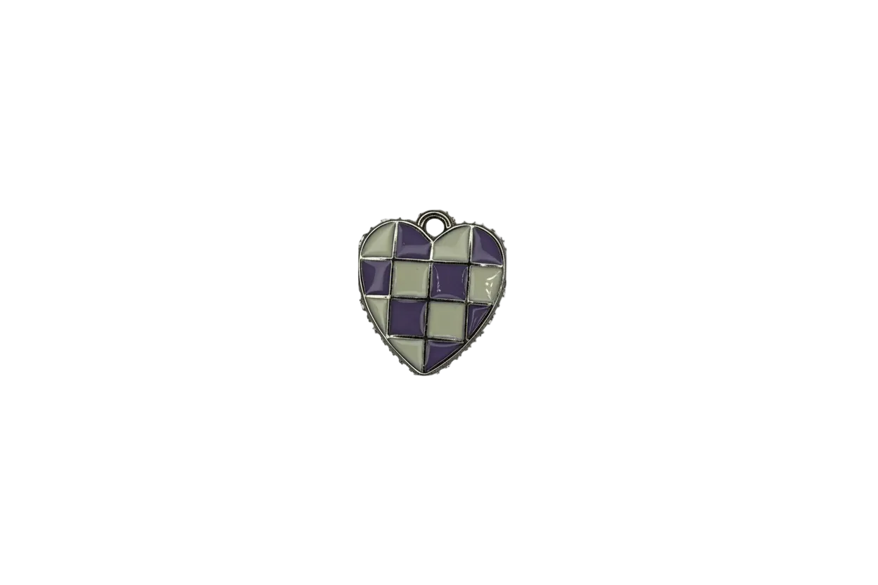 Purple and gray checkered enamel heart, silver outline