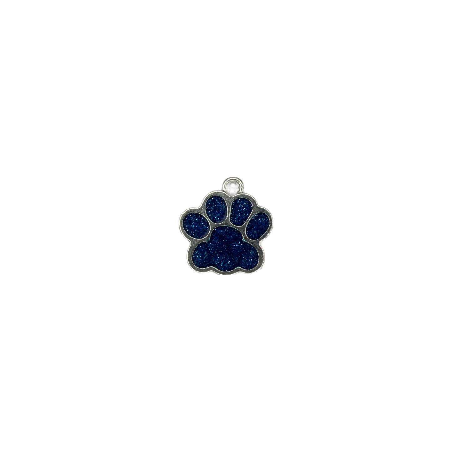 Blue glitter paw print in silver-tone metal