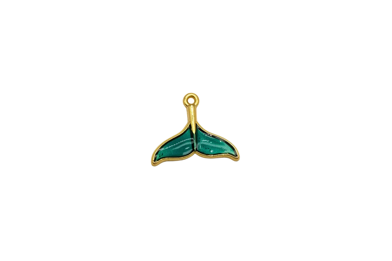 Teal enamel whale tail in gold outline
