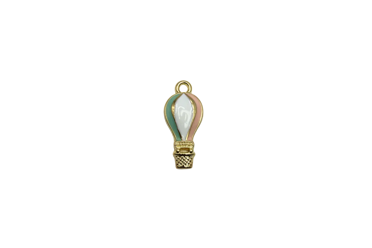 Pastel enamel hot air balloon in teal, pink, and white