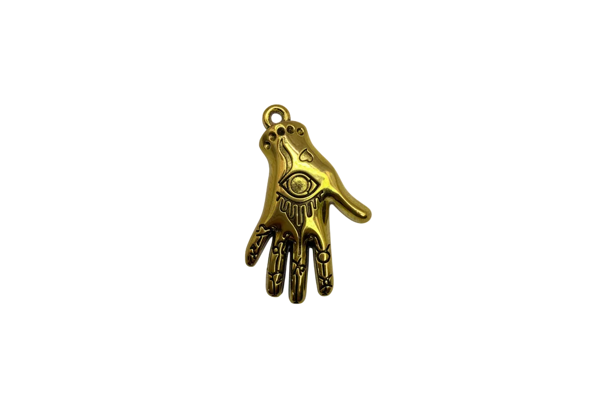 Gold hand with engraved all-seeing eye and antiqued detailing