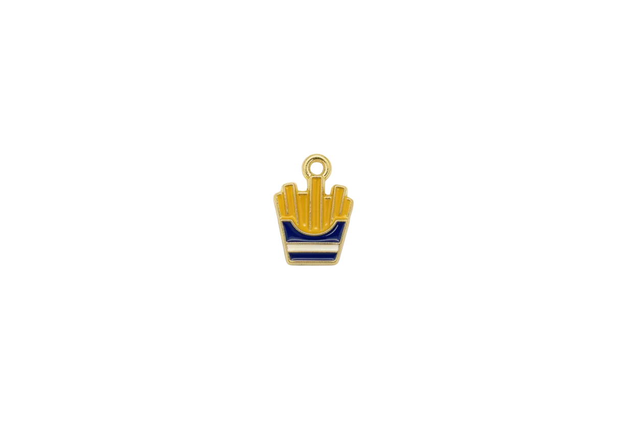 Enamel French fries in navy-and-white striped carton, gold outline