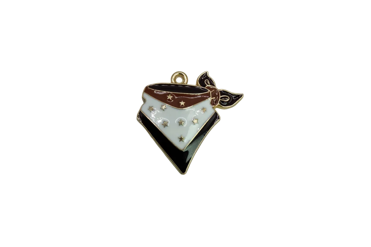 Enamel bandana in white and black with gold stars and brown trim