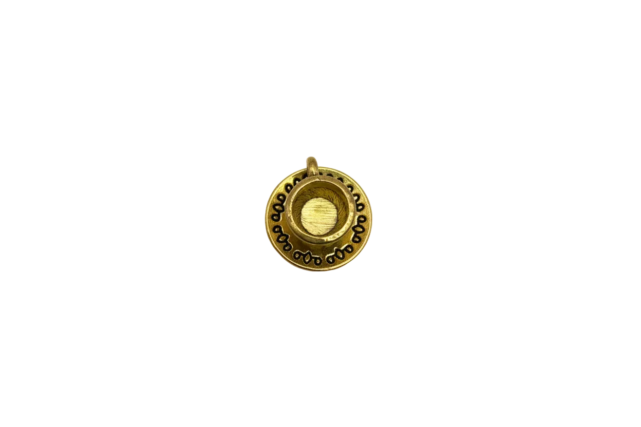 Gold round medallion with black inlaid rim accents
