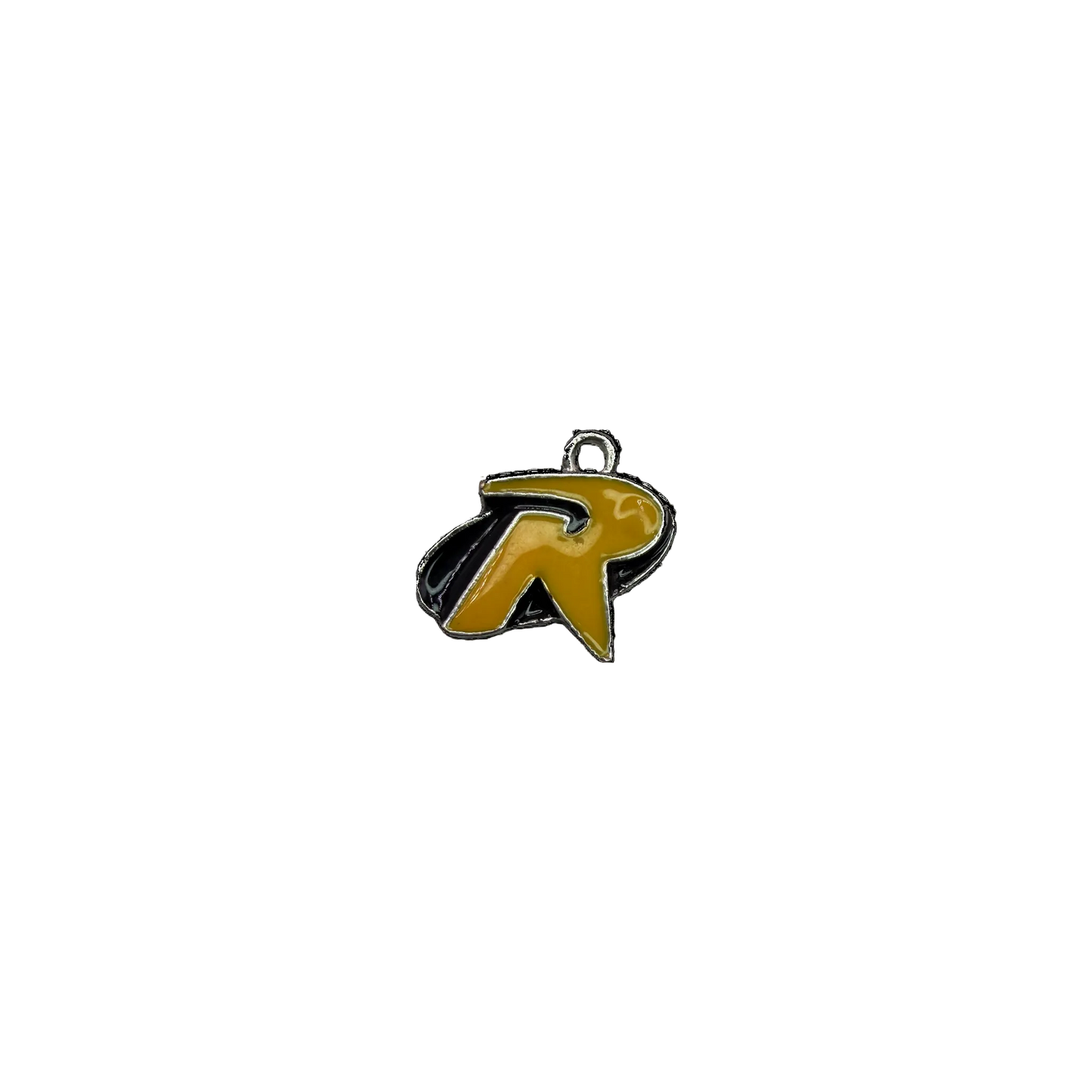 Mustard-yellow enamel letter R with black and silver outline