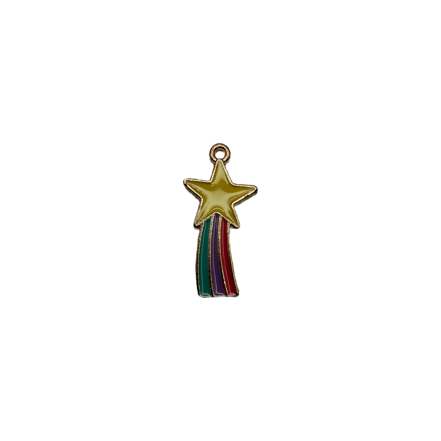 Gold shooting star with olive star and teal, purple, red trail