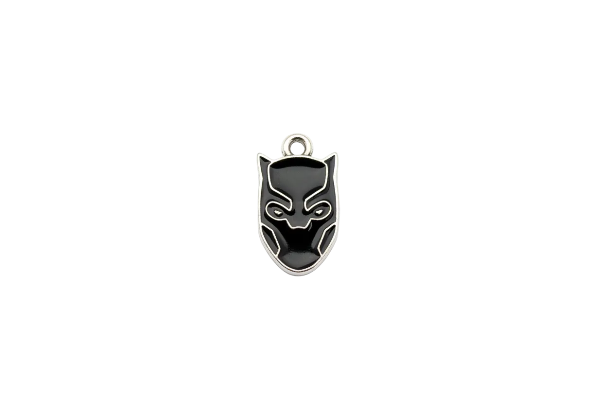 Black feline mask charm with silver outline