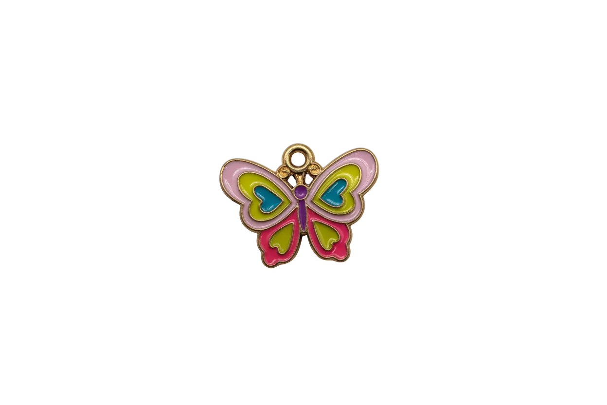 Enamel butterfly in gold with lavender, lime, teal, magenta, and purple