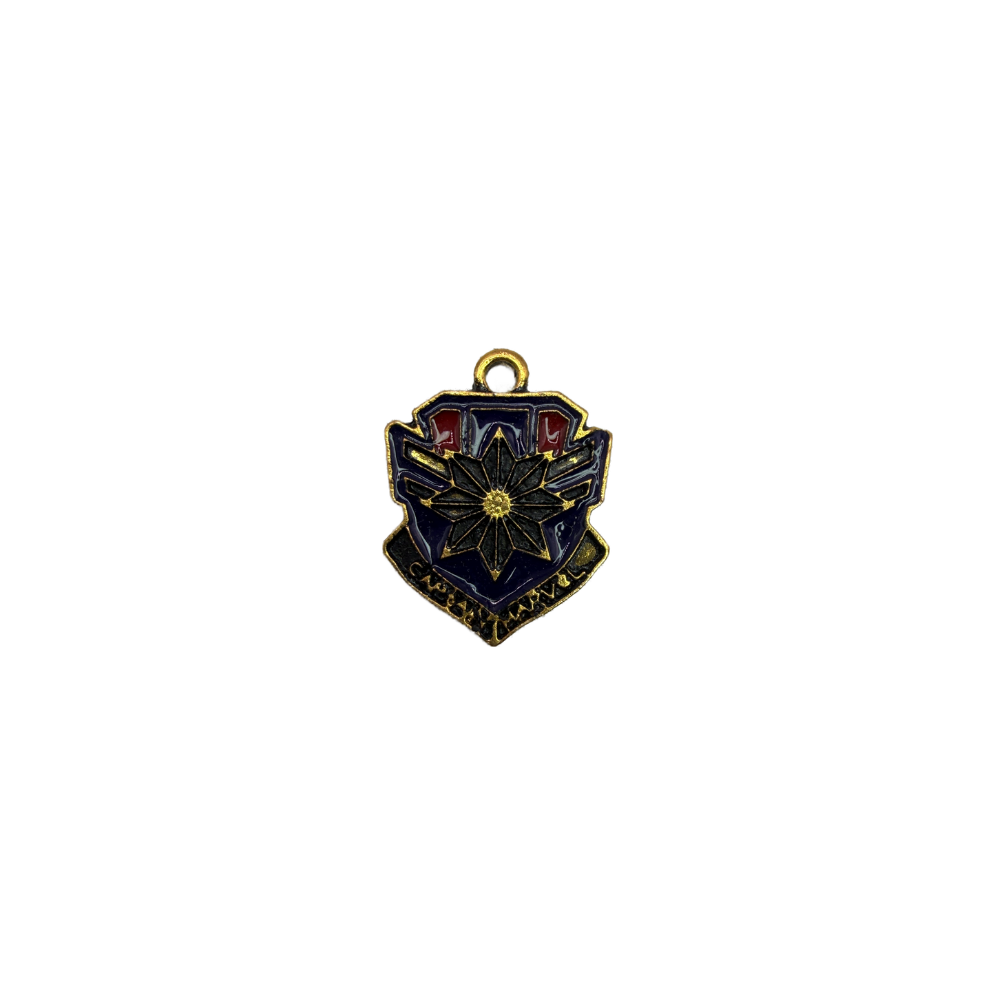 Navy enamel shield emblem with black starburst and gold details