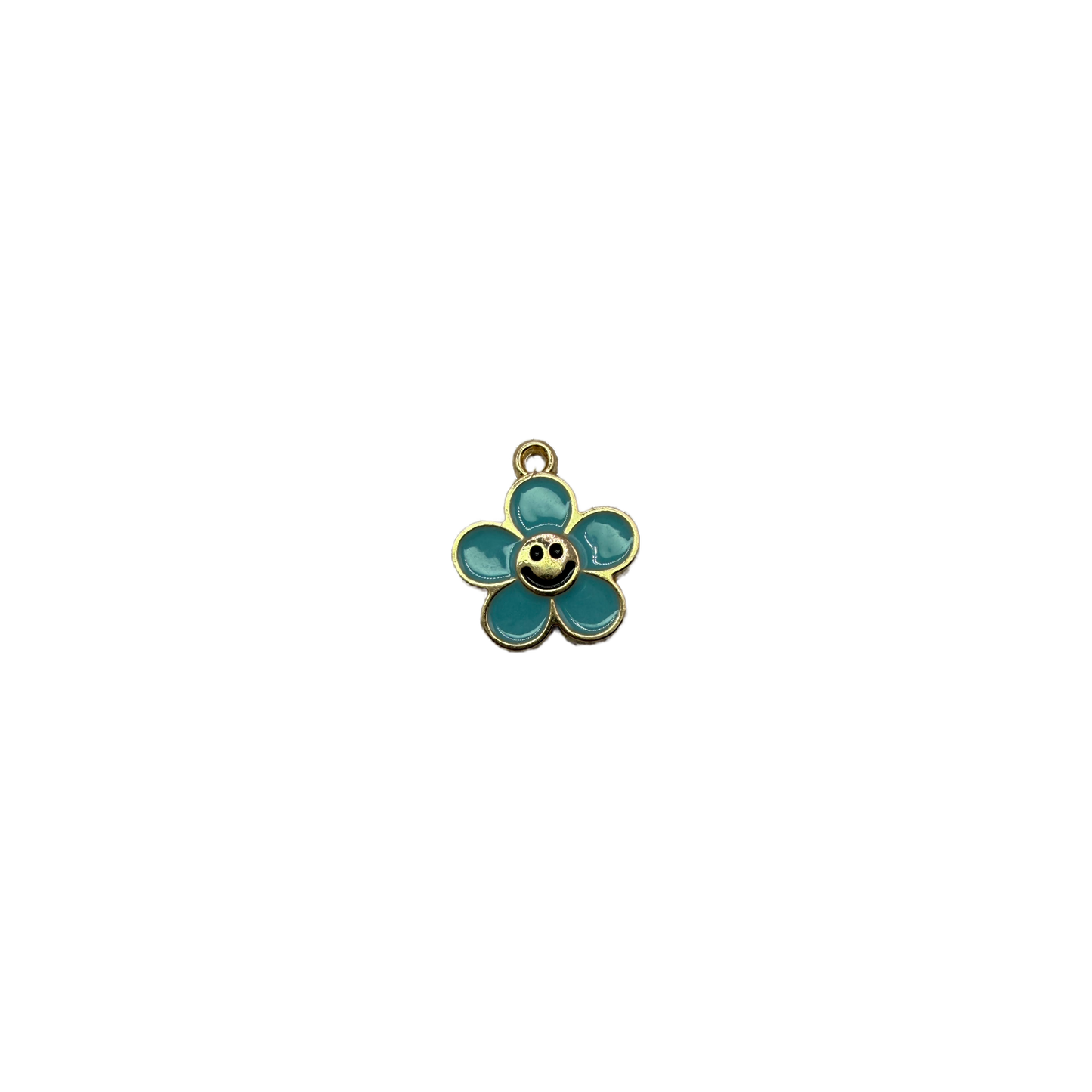 Teal-blue enamel smiling flower with gold outline