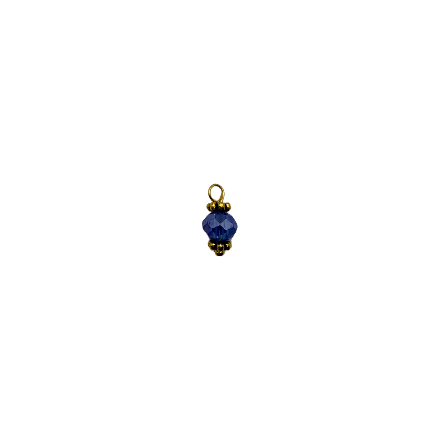 Faceted sapphire blue orb gem with gold accents