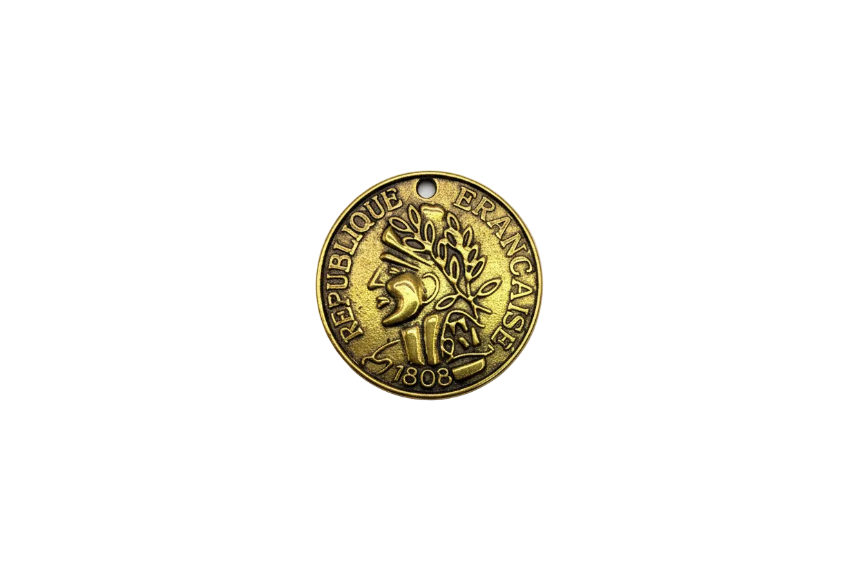Antique gold coin medallion with profile, laurel branch, and 1808 date