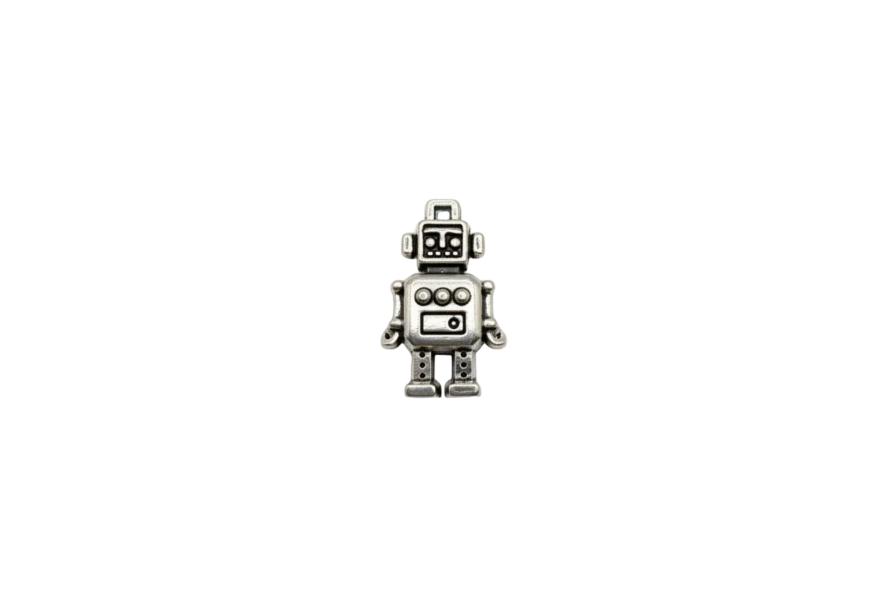 Oxidized silver robot figurine with black recessed details