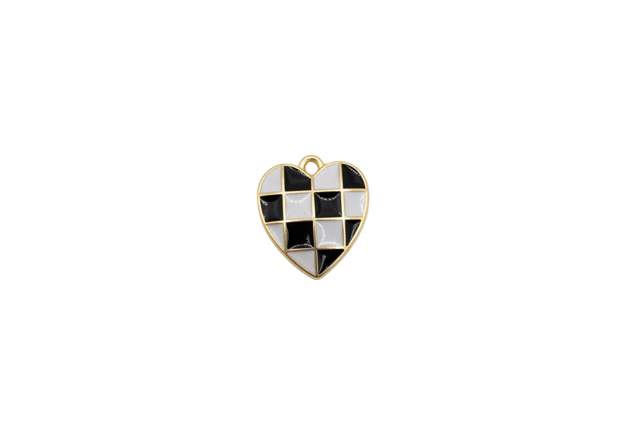 Gold checkerboard heart in black and white enamel