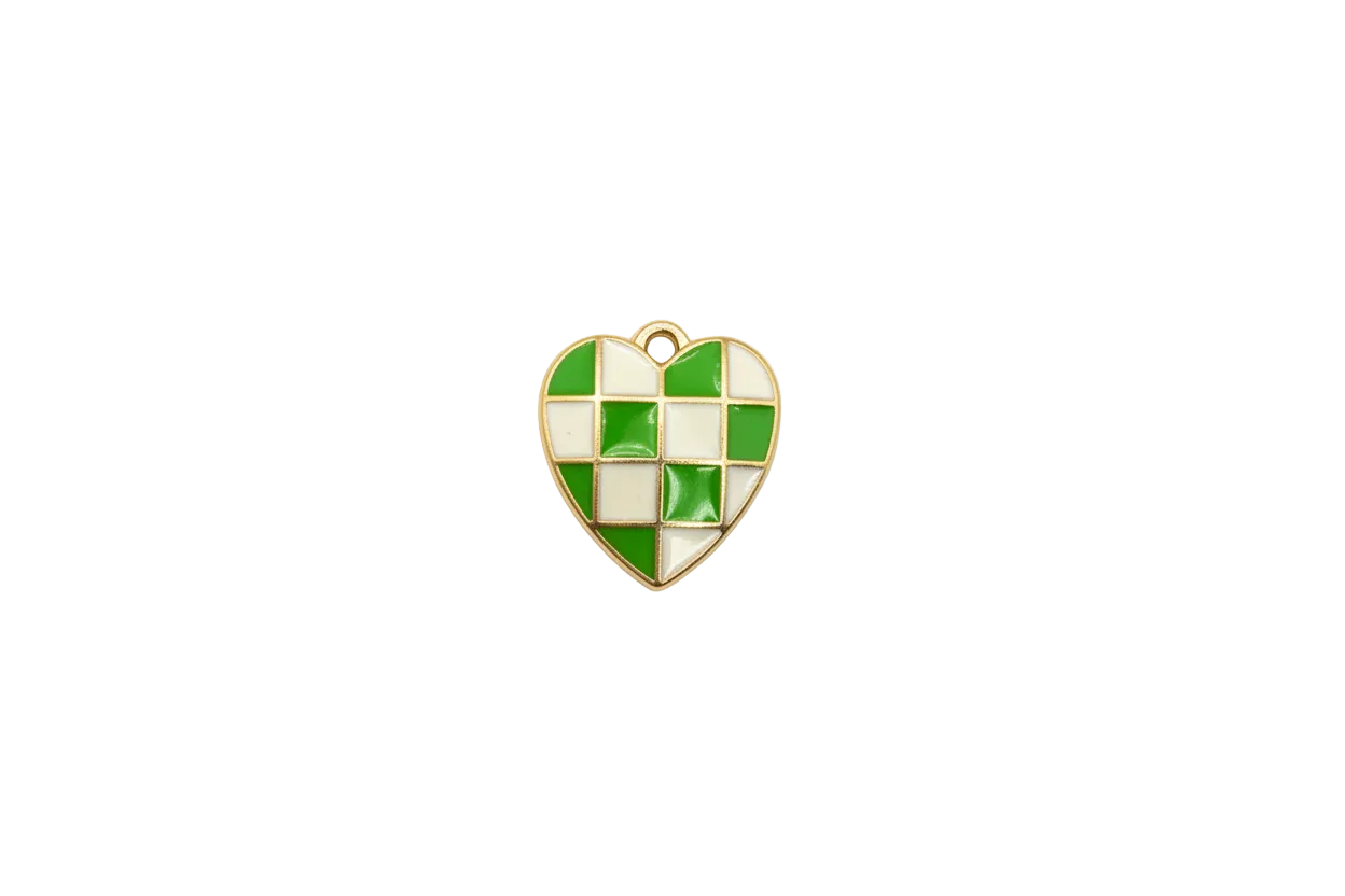 Green and white checkerboard enamel heart with gold outline