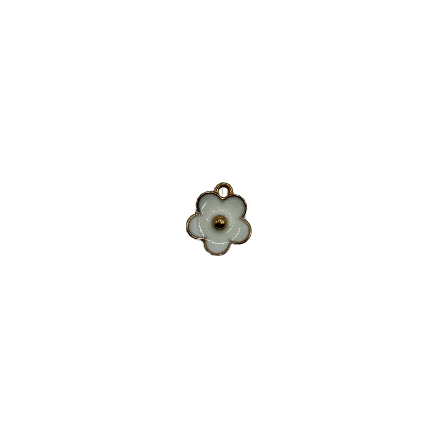 White five-petal flower with gold outline and domed gold center