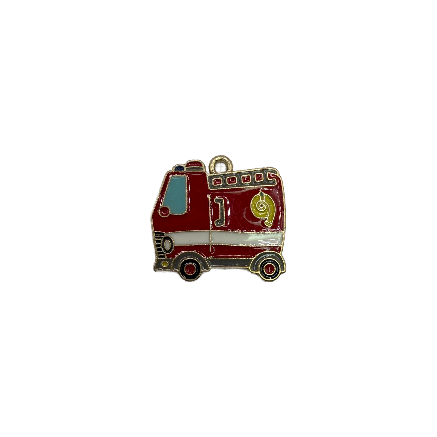 Red enamel fire truck with white stripe, gold outline