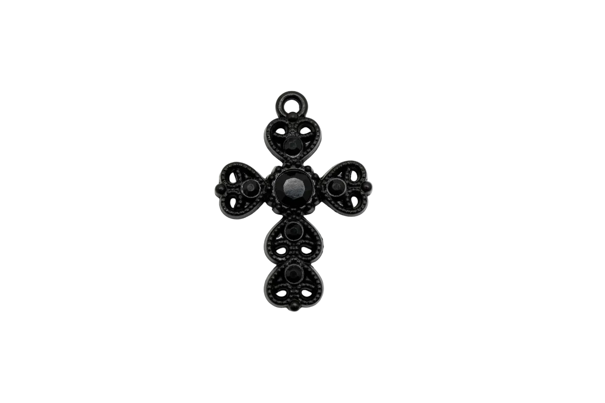 Filigree cross with black center gem and clear crystal accents