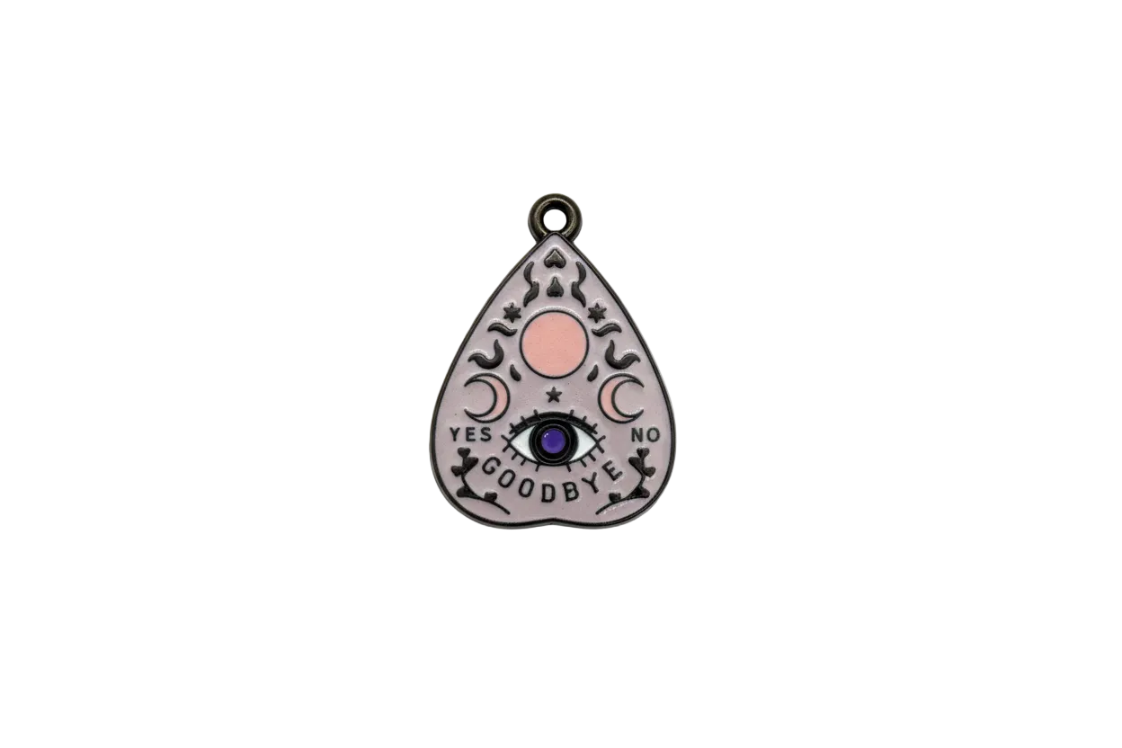 Celestial planchette with purple gem eye on smoky gray enamel