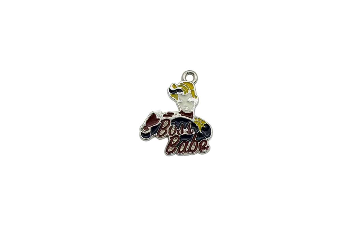 Enamel script banner with blonde princess profile, navy and burgundy