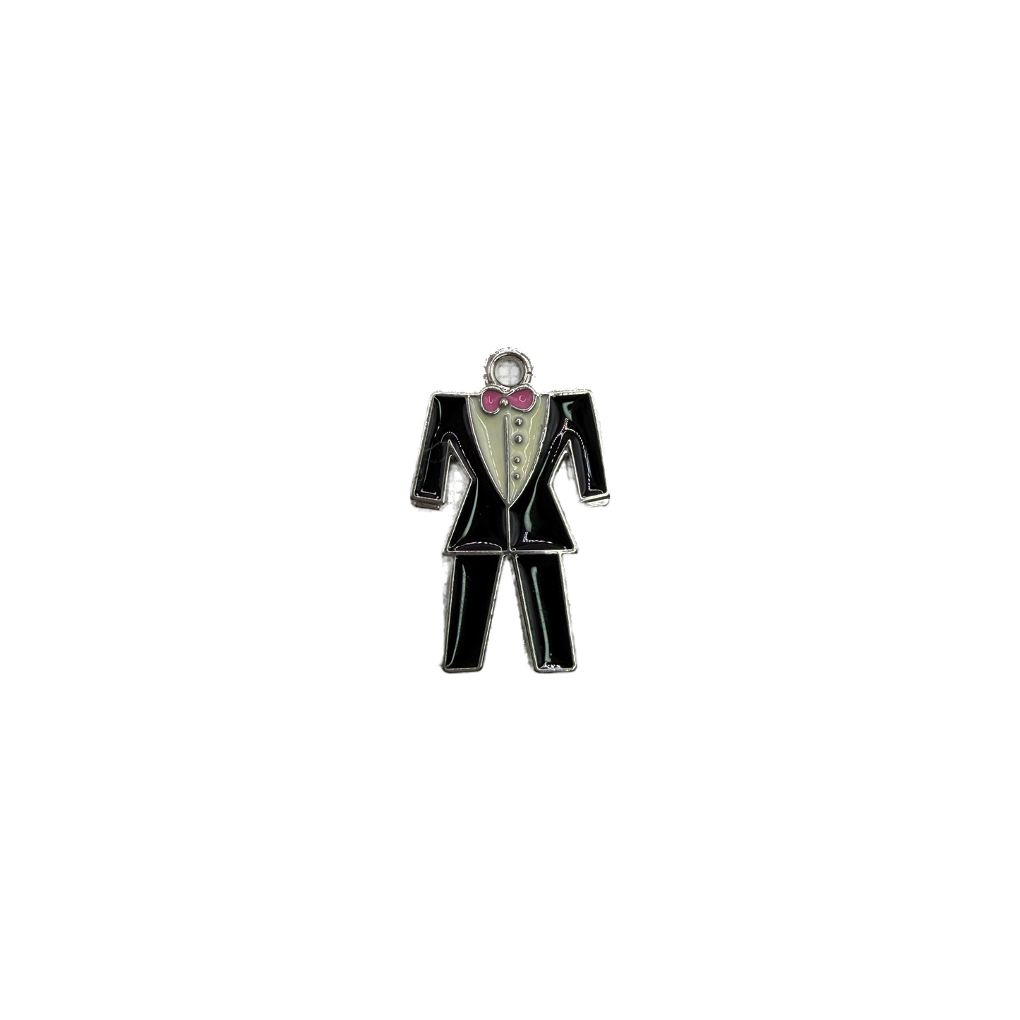 Black tuxedo figure with pink bow tie, silver outline