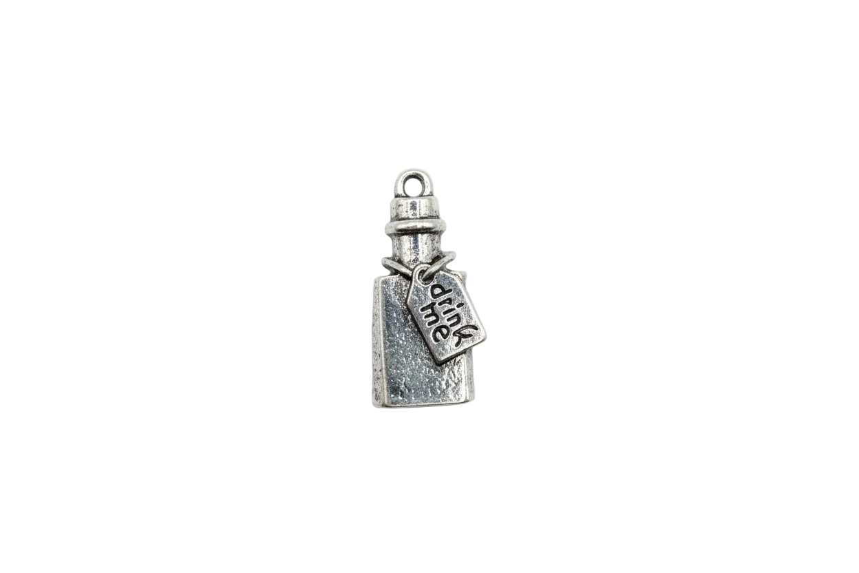 Silver bottle with engraved “drink me” tag