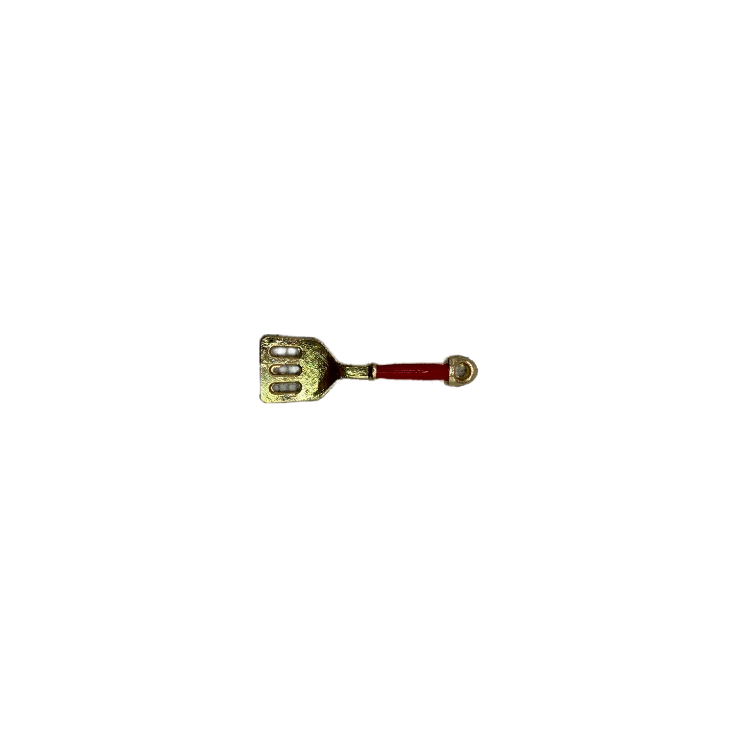 Gold spatula with glossy red handle and cutout slots
