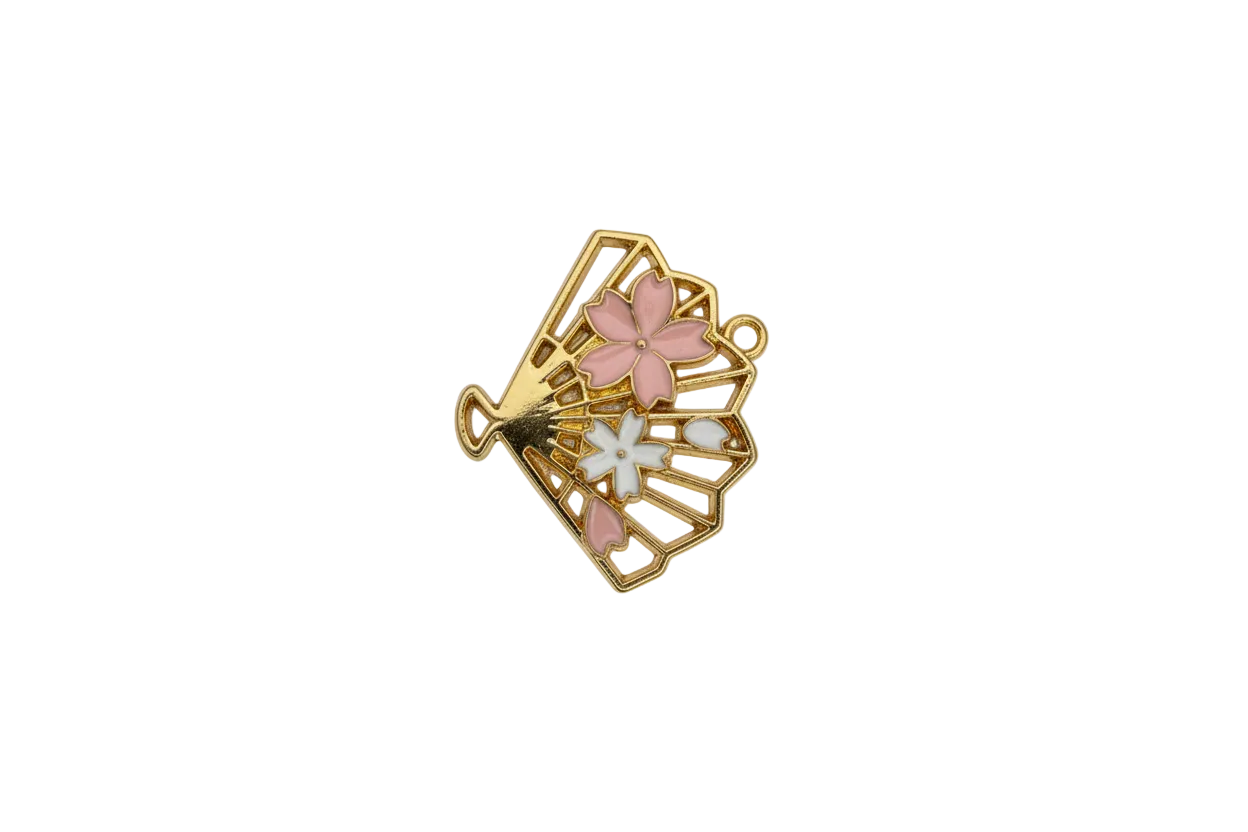 Gold hand amulet with pink and white enamel flowers