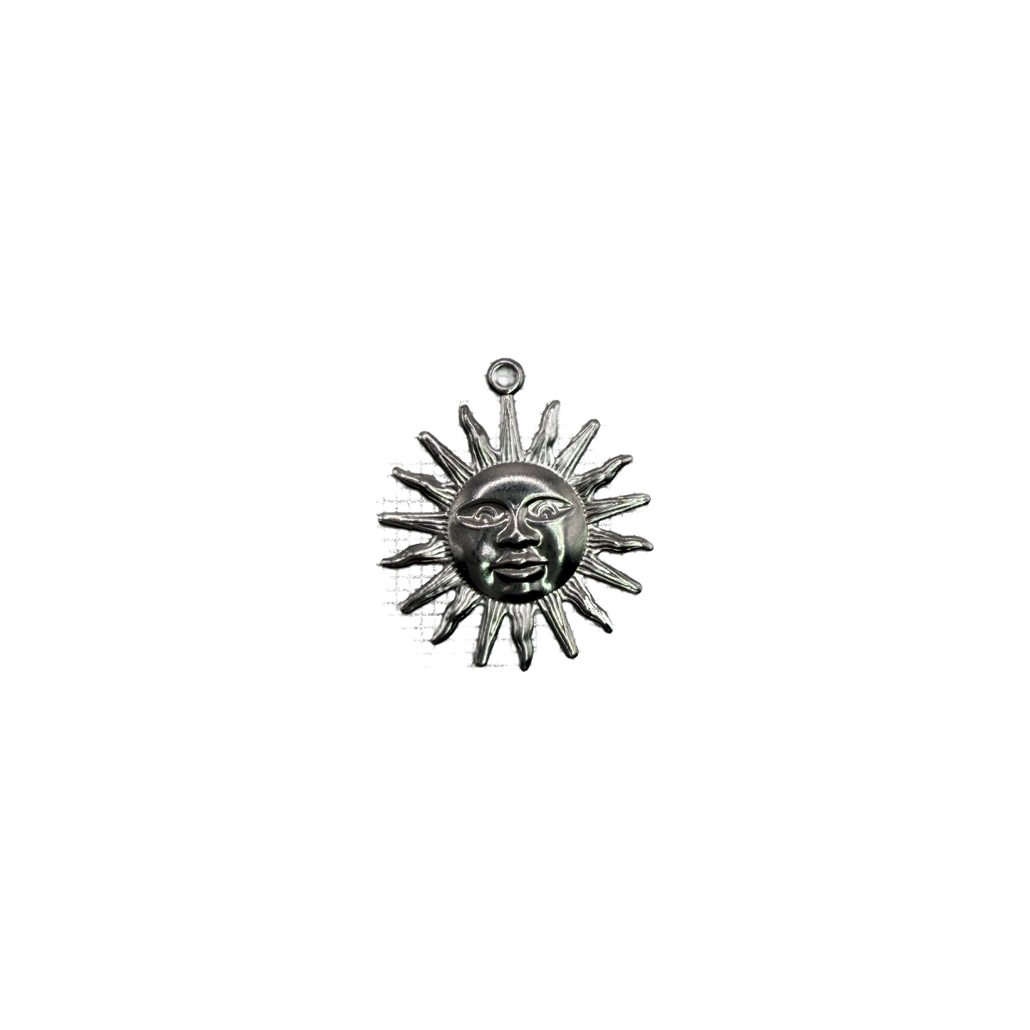 Silver sun face with rays and clear gem accent