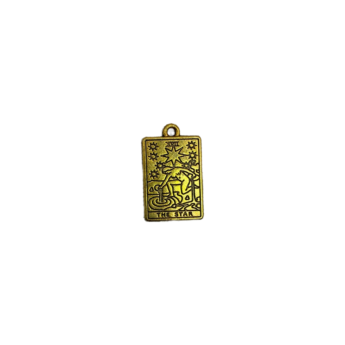 Gold tarot card charm with “THE STAR” text and starburst engraving