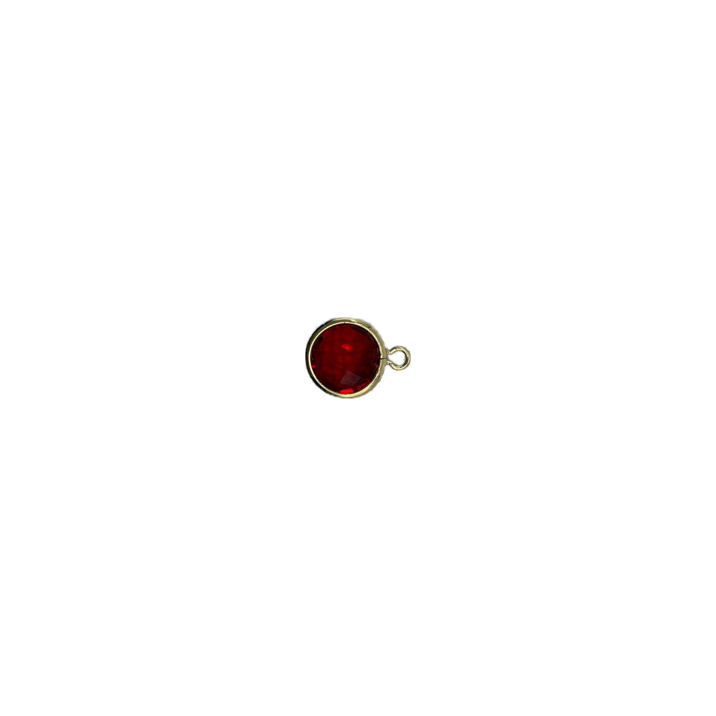 Faceted red round gem framed in gold