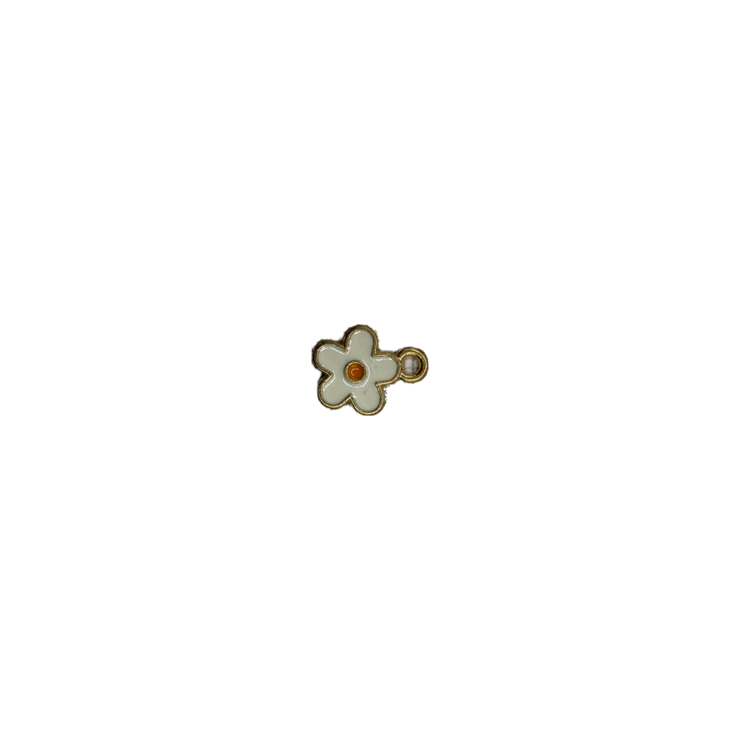 White flower with gold outline and orange center gem