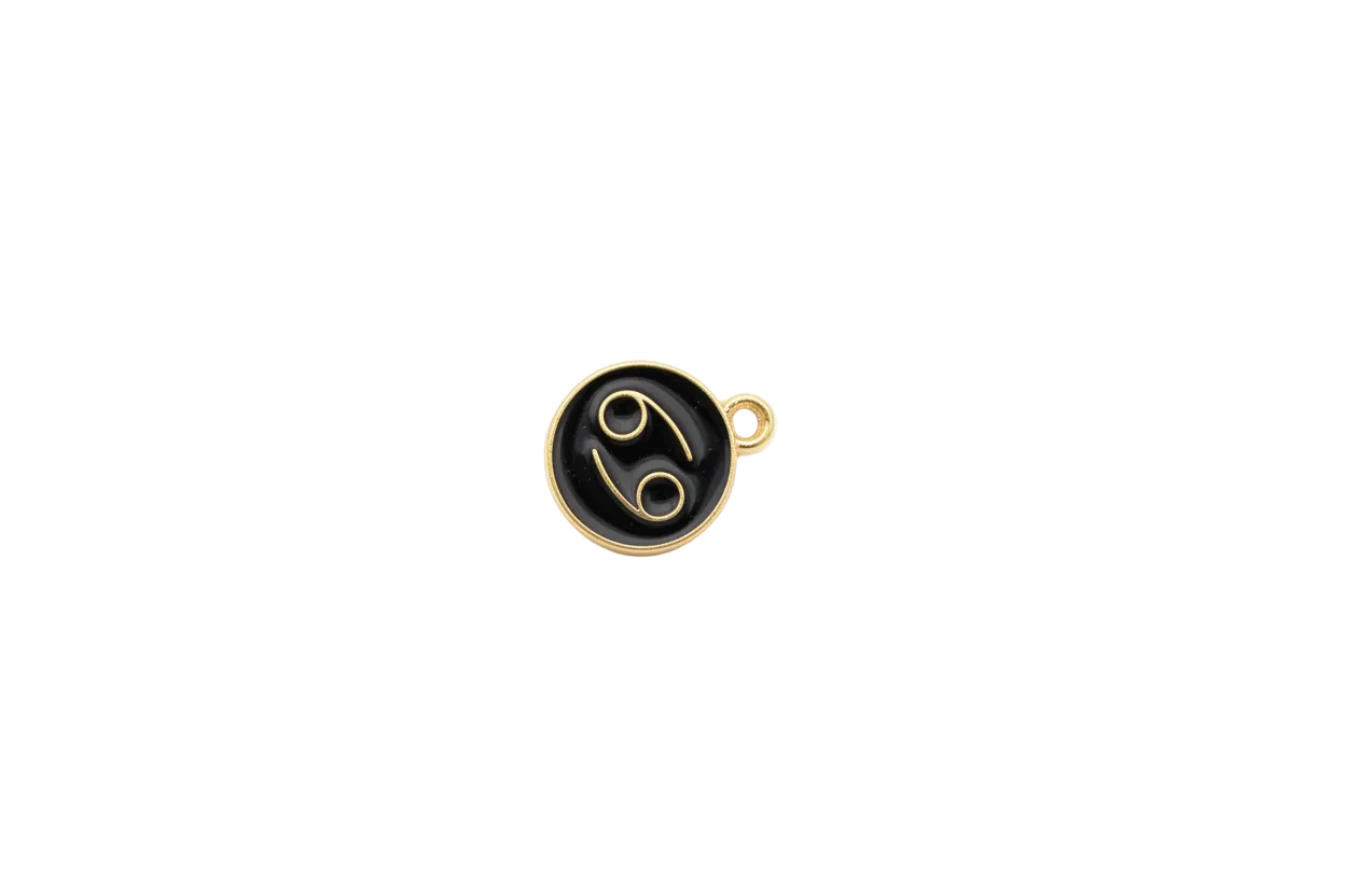 Black enamel Cancer zodiac disc with gold outline and white gem