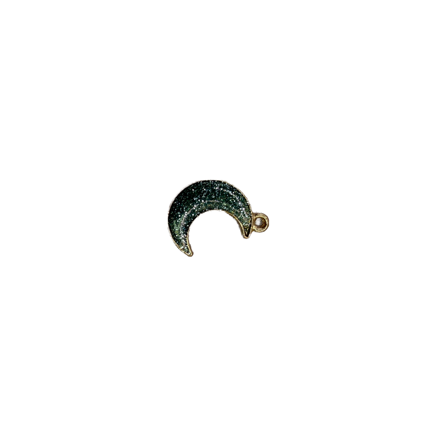Gold crescent moon with green glitter enamel and clear gem